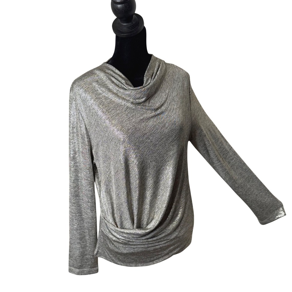 Clara Sun Woo Metallic Silver Drape Front Top Size S Shimmer Party Disco Glam